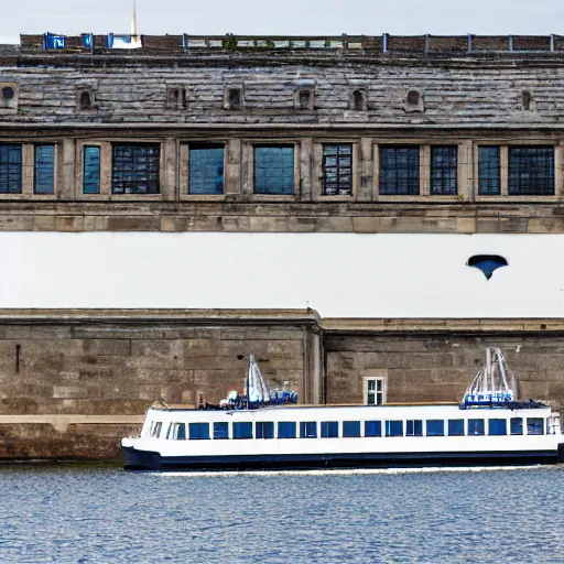 Prompt: a blue white black ferry at the sea outside kronborg castle