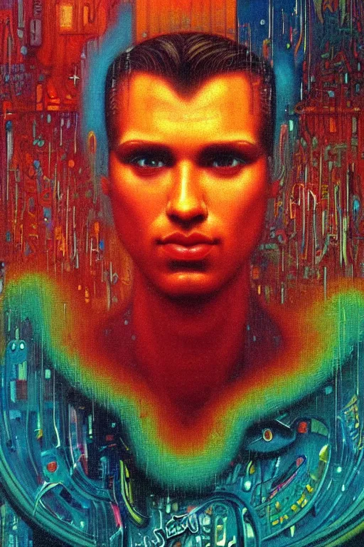 Prompt: 8 0 s art deco close up portait of antal rogan, rain like a dream oil painting curvalinear clothing cinematic dramatic cyberpunk textural fluid lines otherworldly vaporwave interesting details fantasy lut epic composition by basquiat zdzisław beksinski james jean artgerm rutkowski moebius francis bacon gustav klimt