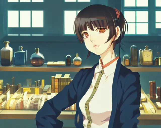 Image similar to anime visual, portrait of a young female traveler in a alchemist's shop interior, low light, cute face by ilya kuvshinov, yoh yoshinari, katsura masakazu, studio lighting, dynamic pose, dynamic perspective, strong silhouette, anime cels, cel shaded, flat shading, crisp and sharp, rounded eyes, moody