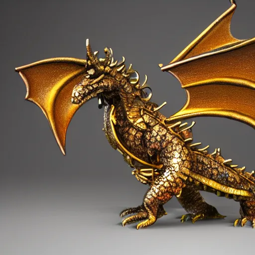 Prompt: hyper realistic steam punk dragon, metalic gold