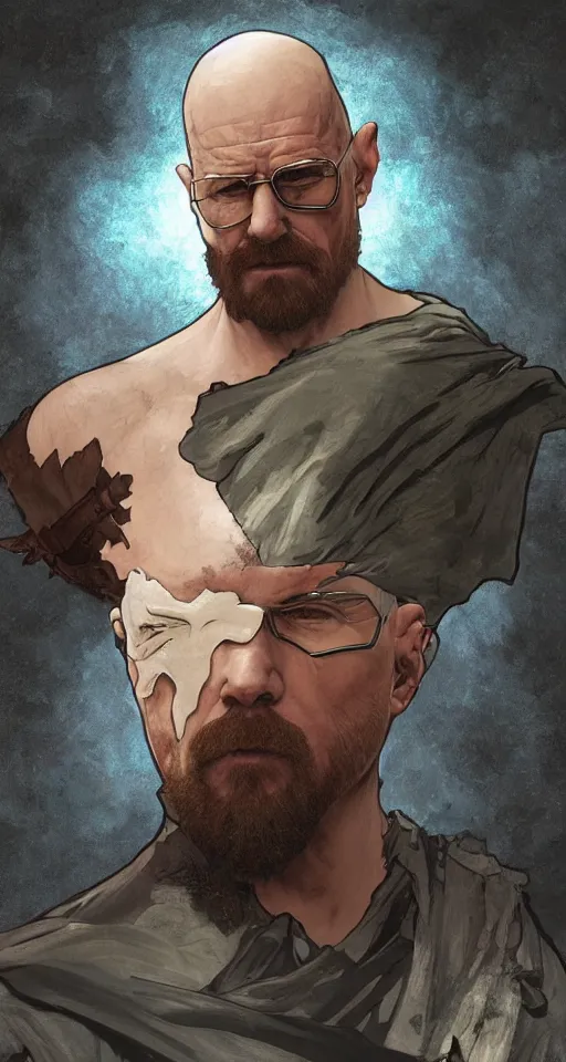Image similar to Heisenberg as Kratos, highly detailed, digital painting, artstation, concept art, smooth, sharp focus, illustration, ArtStation, art by artgerm and greg rutkowski and alphonse mucha and J. C. Leyendecker and Edmund Blair Leighton and Katsuhiro Otomo and Geof Darrow and Phil hale and Ashley wood and Ilya repin and Charlie Bowater
