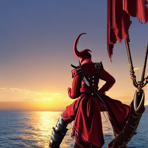 Image similar to a red male tiefling pirate wearing a pirate coat with shiny gold buckles and a rapier on his hip, standing at the prow of his ship looking out over the water, uhd, high detail, sunset lighting