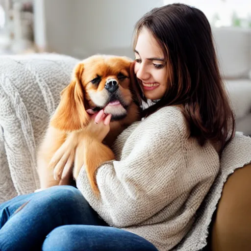 Image similar to a photo of a beautiful girl with a cute dog on her lap in a cozy living room