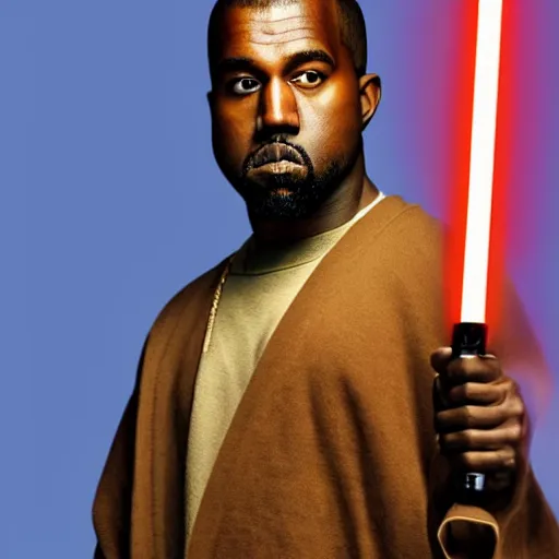 Image similar to Portrait of Kanye West as a jedi in Star Wars, holding lightsabre. splash art, cinematic lighting, dramatic, octane render, long lens, shallow depth of field, bokeh, anamorphic lens flare, 8k, hyper detailed, 35mm film grain