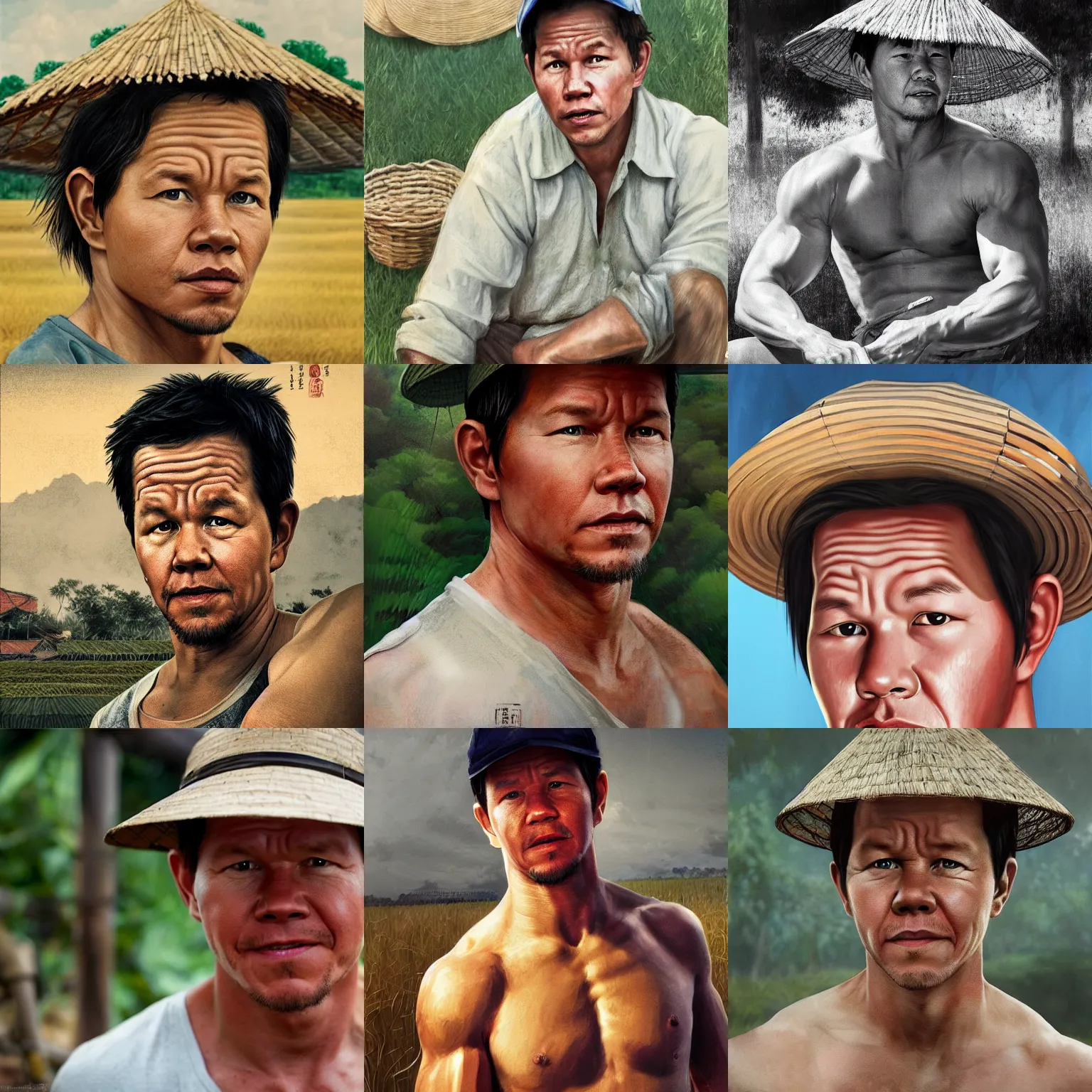 Prompt: portrait of mark wahlberg as a vietnamese farmer sweating under the hot sun, artwork by luo zhongli - 2 0 2 2, trending on artstation
