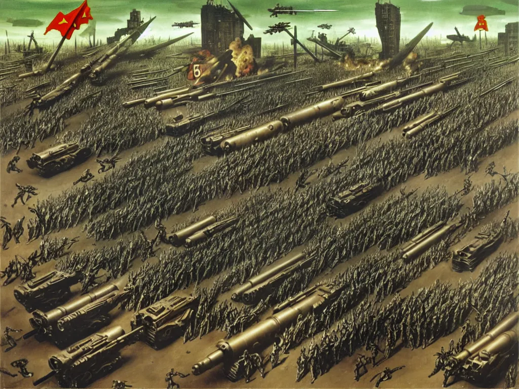 Image similar to armies marching parade with infantry, vehicles and rocket launchers, futuristic alternate timeline, communist hordes, art by max ernst