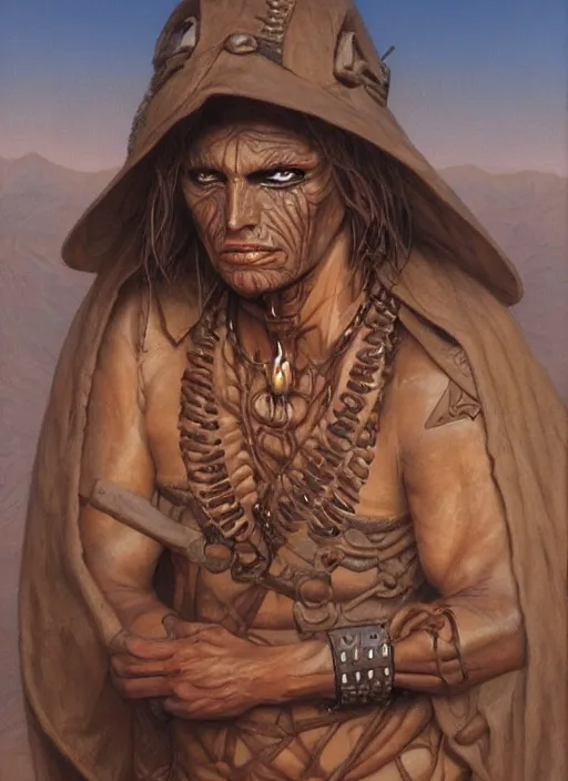 Image similar to portrait of desert warrior by gerald brom, dark fantasy, oil painting, highly detailed, elegant, sharp focus
