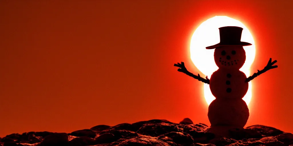 Prompt: a snowman standing on top of the sun. the ground is made of fire and lava and is glowing orange. cinematic, dramatic, volumetric lighting, atmospheric, red, orange extremely coherent, 8 k, space