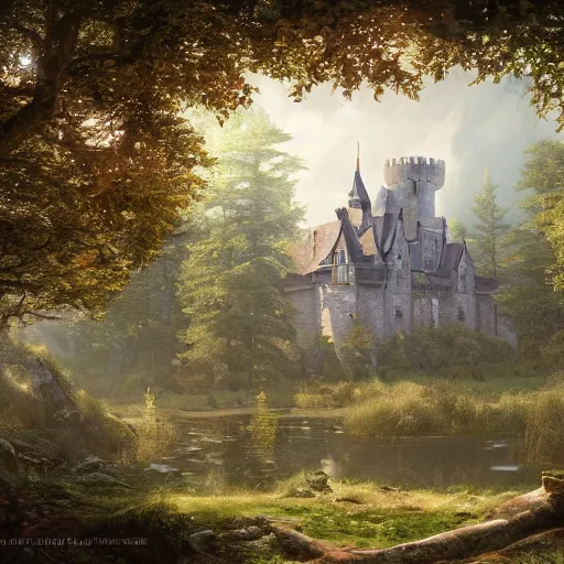 Image similar to a painting of a castle in the middle of a forest, a detailed matte painting by senior environment artist, cgsociety, gothic art, matte painting, rendered in unreal engine, artstation hq