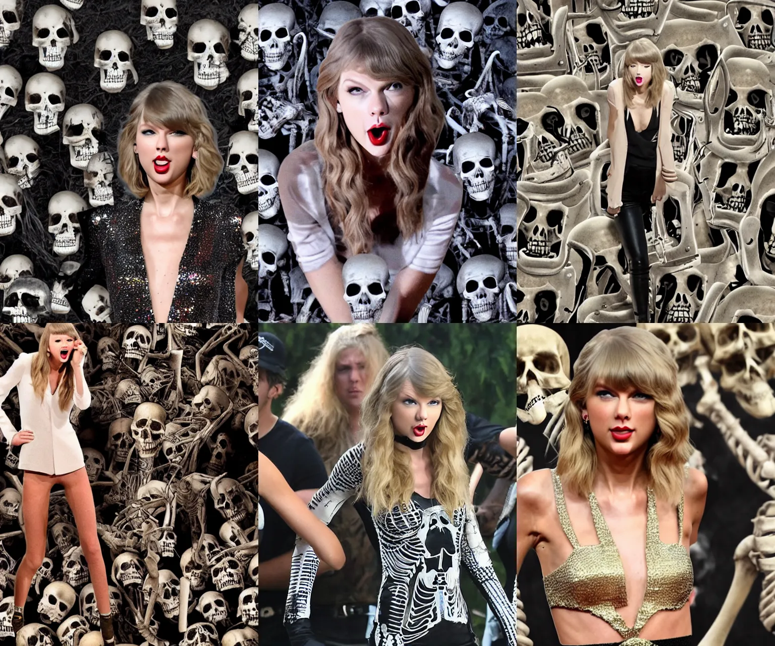 Prompt: taylor swift surrounded by skeletons, terrified, crying