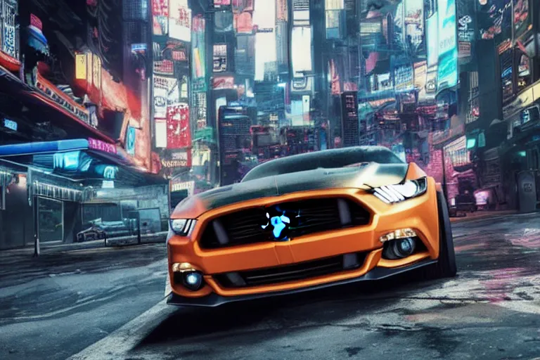 Image similar to ford mustang in cyberpunk city