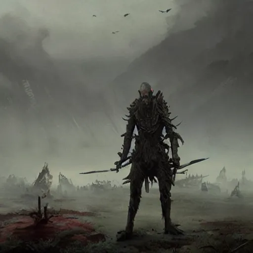 Image similar to a creepy creature standing infront of an battlefield, Matte painting , detailed painting, greg rutkowski