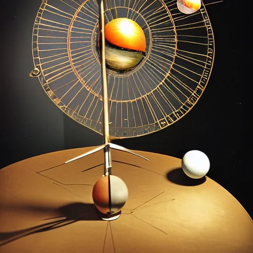 Image similar to a kinetic sculpture of this solar system, sun, orrery, canon 5 d 5 0 mm lens, papier - mache, studio, 1 9 6 3