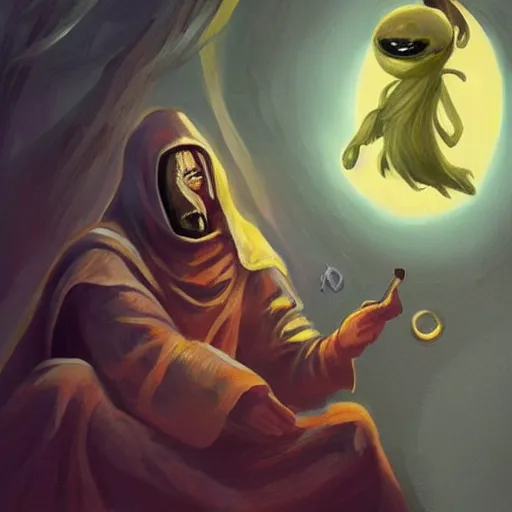 Image similar to a hooded cultist is sacrificing a banana to the elder gods, incredible quality, trending on artstation