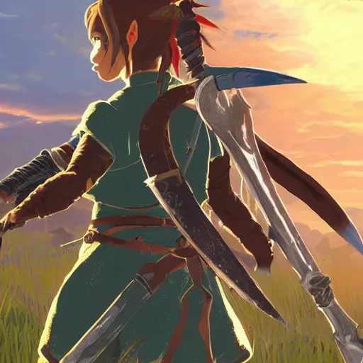 Image similar to a ultra detail picture portrait of A warrior in shimmering armor, the sun at their back, strides forward with sword held high. They are the embodiment of courage and strength, and they are ready to fight for what is right. vivid tones, wide angle, by miyazaki, nausicaa ghibli, breath of the wild, 8k, photorealistic,