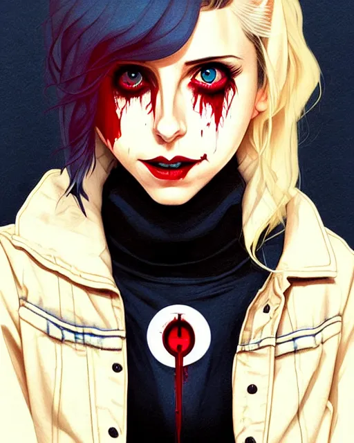 Image similar to loish, artgerm, Joshua Middleton art, Rafeal Albuquerque, pretty Alison Brie serial killer holding bloody knife in right hand realistic hand, blood on clothes and face, sarcastic smile, symmetrical eyes, symmetrical face, jean jacket, jeans, short blonde hair, middle shot, night time, deep blacks