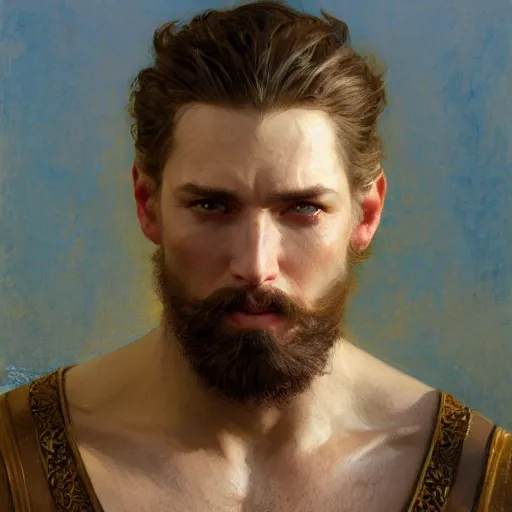 Image similar to detailed cinematic wide shot of beautiful attractive masculine man beard slim face symettrical face clean skin blue eyes white hair, ultra realistic, spring light, painting by gaston bussiere, craig mullins, j. c. leyendecker
