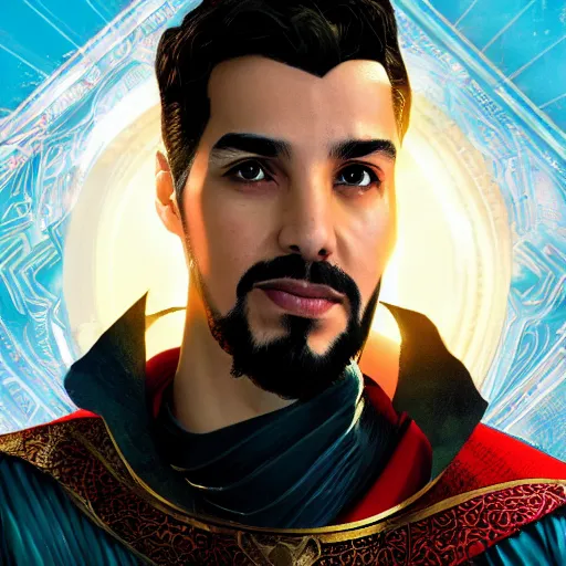 Image similar to a young middle eastern man with a goatie wearing doctor strange custom, movie promotion poster, comic book style, artstation, 4 k