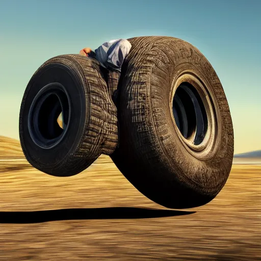 Image similar to A man in a tire rolling down a hill, Realism, Realistic, 8K