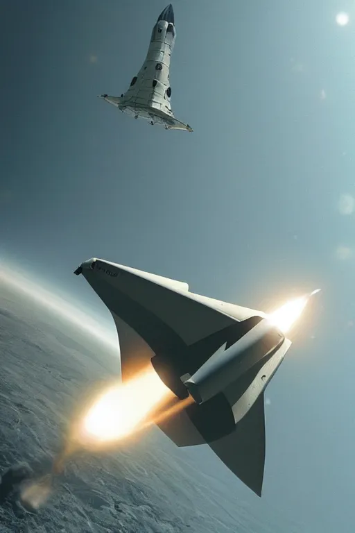 Image similar to A single stage to orbit SSTO rocket, sci-fi, film still from Interstellar, by Christopher Nolan