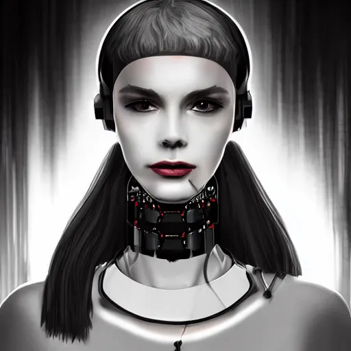 Image similar to headshot digital artwork of cyberpunk woman wearing thick black choker around neck, collar on neck, realistic, artstation cyberpunk art, cyberpunk style, neon,