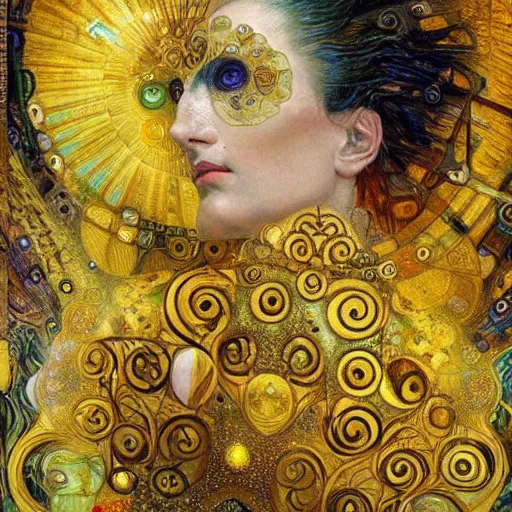 Image similar to a beautiful visionary portrait of Divine Chaos Engine by Karol Bak, Jean Deville, Gustav Klimt, and Vincent Van Gogh, sacred geometry, mystic, spiritual, fractal structures, ornate gilded medieval icon, third eye, spirals