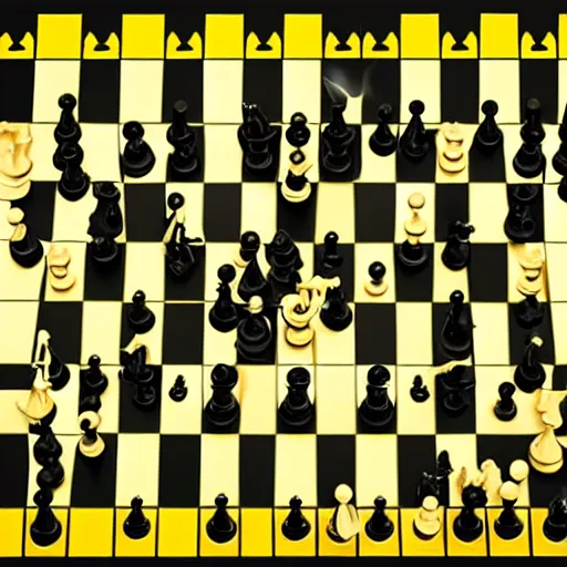 Image similar to the wu - tang clan as chess pieces on a yellow and black chessboard 8 k hyperdetailed photorealism