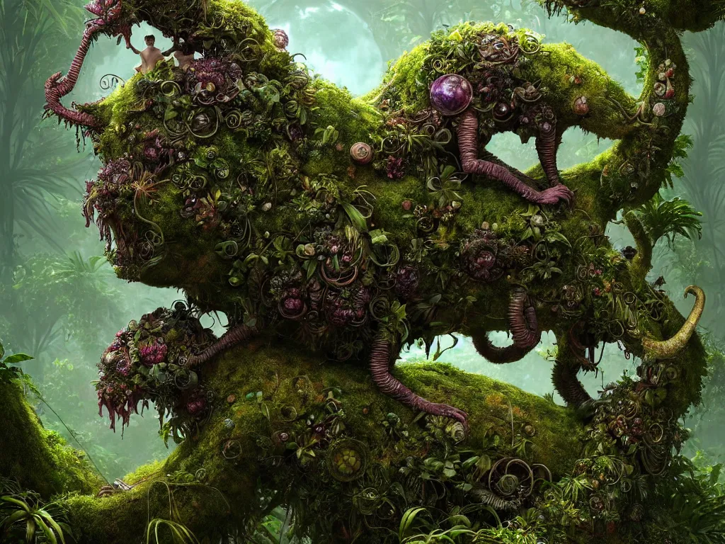 Image similar to metaverse creature in a lush trunda vegetation :: by Michal Karcz, Daniel Merriam, Victo Ngai and Guillermo del toro :: ornate, dynamic, particulate, intricate, elegant, highly detailed, centered, artstation, smooth, sharp focus, octane render, 3d