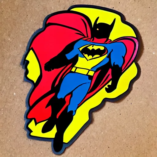 Image similar to die cut sticker, batman in a superman suit, splatter paint