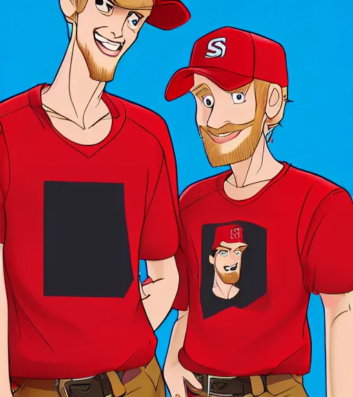 Prompt: tall skinny white guy with very short blonde beard wearing a nc state red baseball cap and red shirt full color digital illustration in the style of don bluth, artgerm, artstation trending, 4 k