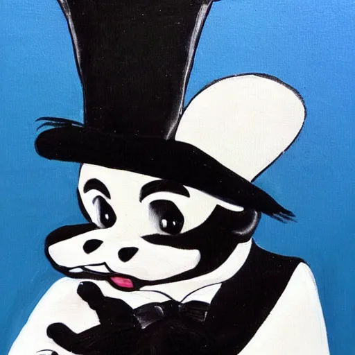 Image similar to a painting of pepe le pew in a tuxedo and a top hat