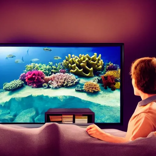 Prompt: a photo of many sharks watching TV under the sea.