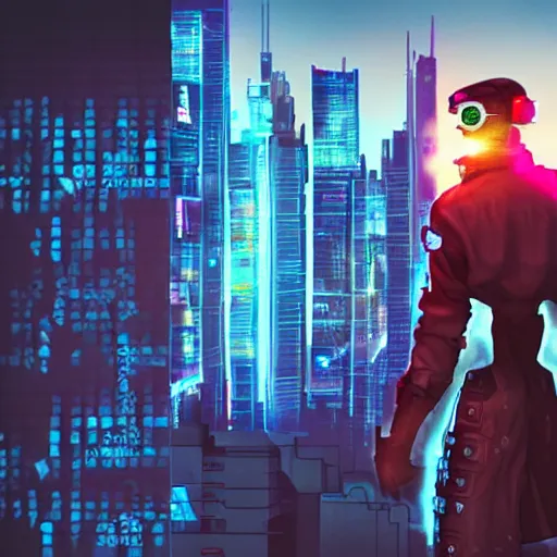 Free AI Image  Cyberpunk warrior looking over city