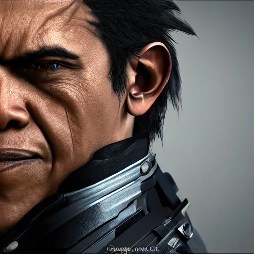 Image similar to Obama as Samuel Rodrigues from Metal Gear Rising, 40nm lens, shallow depth of field, split lighting, 4k,