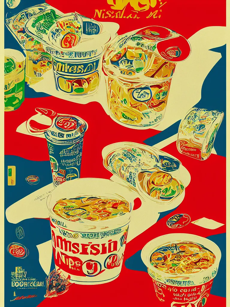 Image similar to vintage italian graphic design poster, nissin cup noodles, stylish, colorful, visual communications