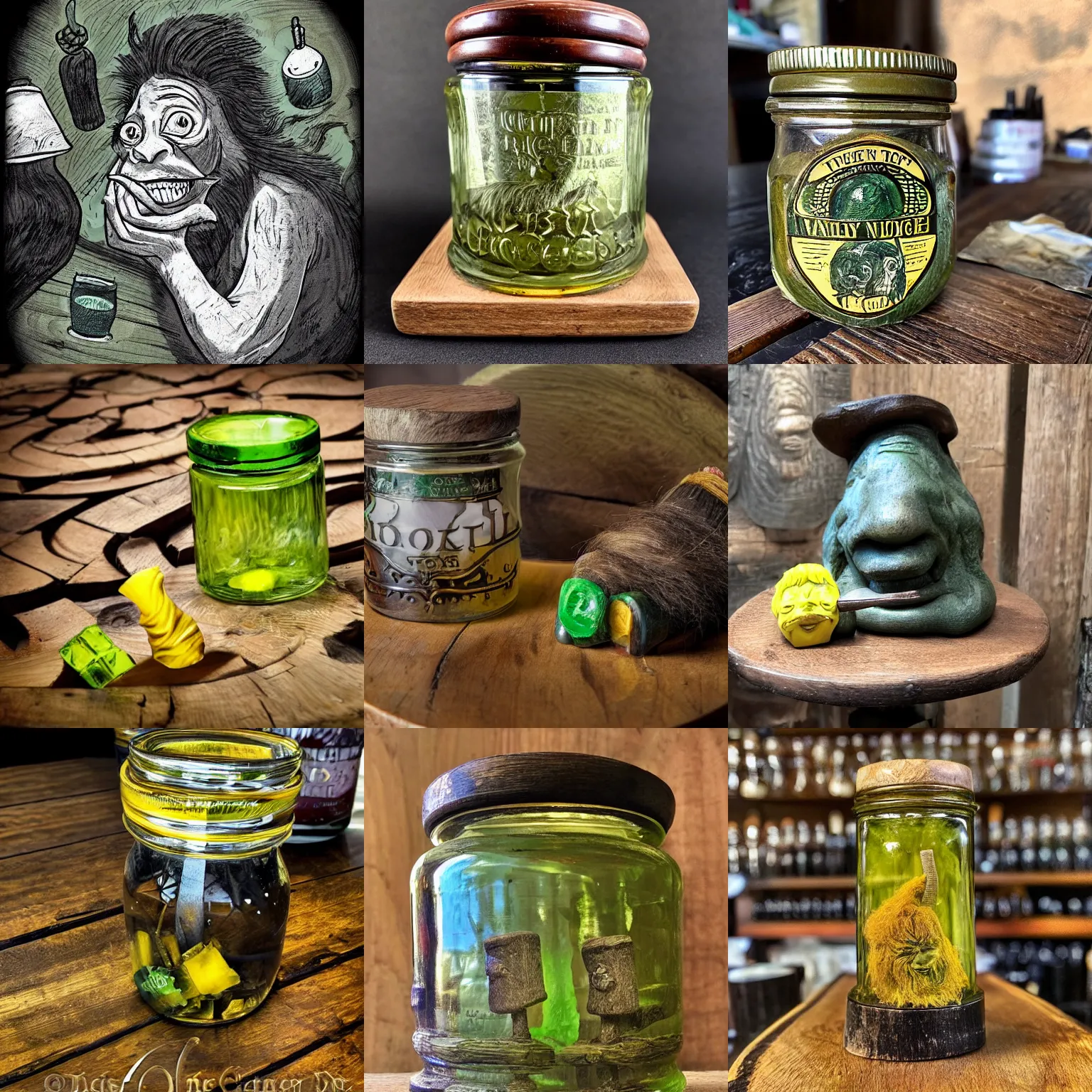 Prompt: the troll picked his nose at his gnarly oak table and retrieved a green and yellow long bogey. He twirled it in his fingers and stored it in a jar marked summer 2022. Above his head are a row of jars storing bogeys from many years ago.
