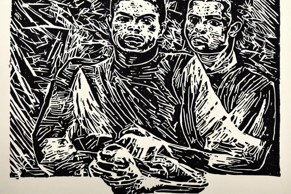 Prompt: a linocut engraving of ronaldo fenomeno