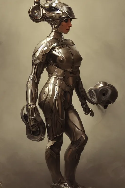 Image similar to a girl in a closed helmet in a shiny biopunk costume consisting of swollen muscles, tendons, metal joints, protruding pistons. masterpiece 4k digital illustration by Ruan Jia and Mandy Jurgens and Artgerm and william-adolphe bouguereau, award winning, Artstation, art nouveau aesthetic, black background, intricate details, realistic, Hyperdetailed, 8k resolution, intricate art nouveau