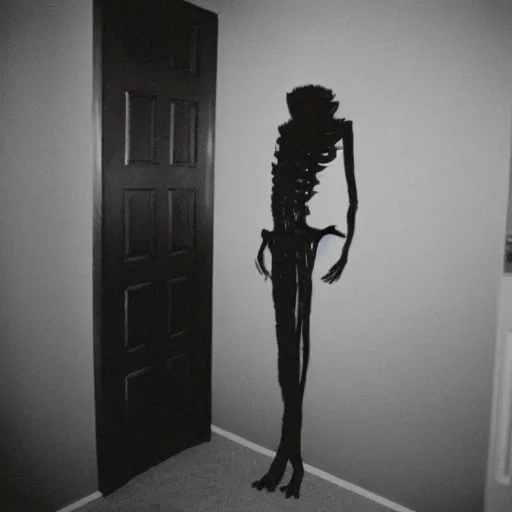 Prompt: extremely tall horror creature with long limbs and big teeth in the hallway at home at night, grainy color 35mm photograph