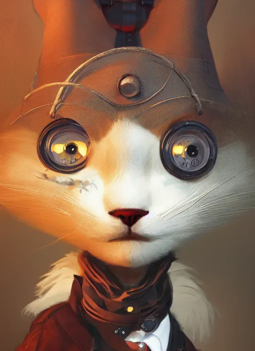 Image similar to a beautiful half body portrait of a cute anthropomorphic steampunk cat fursona. big eyes. character design by cory loftis, fenghua zhong, ryohei hase, ismail inceoglu and ruan jia. volumetric light, detailed, rendered in octane