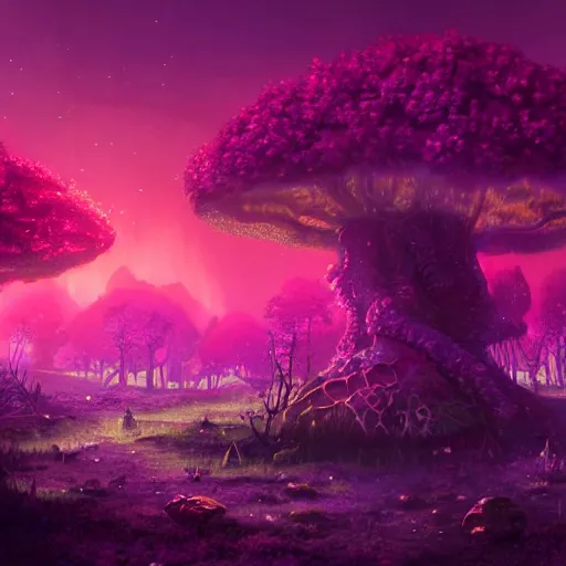 Image similar to concept art painting of a fantasy alien fungal landscape at night, magenta trees, glowing blue mushrooms, village of houses made of mushrooms, dark purple sky, realistic, detailed, cel shaded, in the style of makoto shinkai and greg rutkowski and albert bierstadt and james gurney