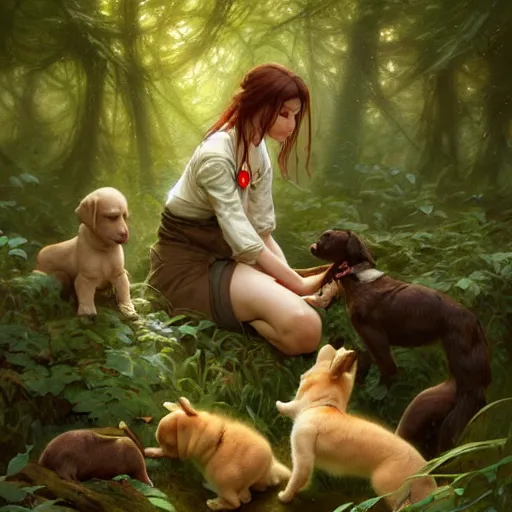 Image similar to photo of a humanoid hiena feeds puppies in the forest, highly detailed, digital painting, artstation, smooth, sharp focus, illustration, art by artgerm and greg rutkowski and alphonse mucha