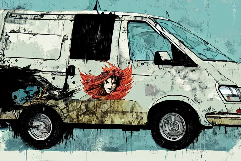 Prompt: digital illustration of mad max's ford aerostar van by makoto shinkai, ilya kuvshinov, lois van baarle, rossdraws, basquiat