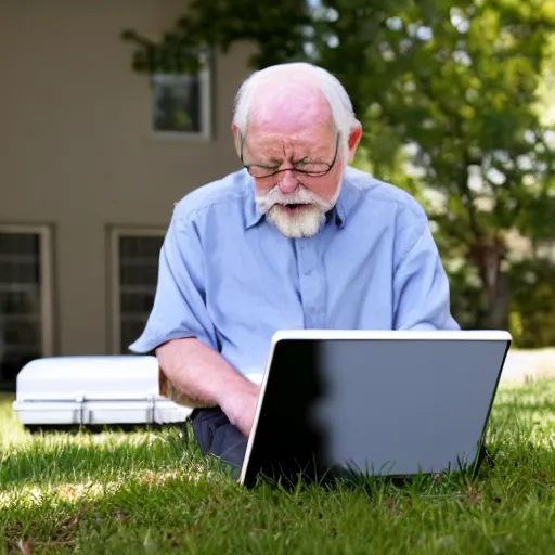 Prompt: old man sitting on a casket browsing internet on laptop from a casket casket