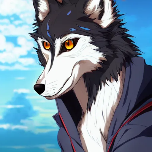 Image similar to key anime visual portrait of an anthropomorphic anthro wolf fursona, in a jacket, with handsome eyes, official modern anime art