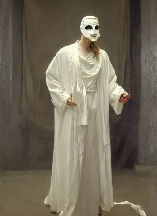 Prompt: an oil painting of a tall person in flowing white robes wearing a white venetian carnival mask standing in a gloomy dark room with hazy sunlight streaming through the window, in the style of john singer sargent, greg rutkowski, maxfield parrish and alphonse mucha