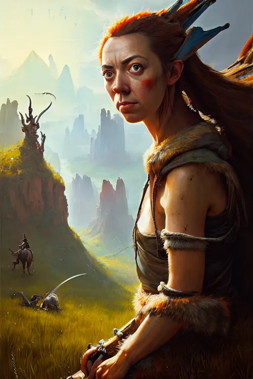 Image similar to hieronymus bosch, greg rutkowski, anna podedworna, painting of aubrey plaza as aloy from horizon : zero dawn