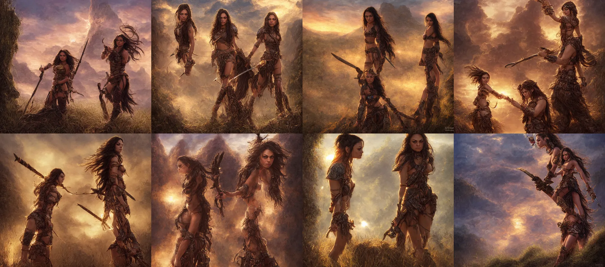 Prompt: mila kunis beautiful portret as a warrior, epic vista, 2 0 0 mm focal length, sundown, golden hour firefly wisps, steve hanks, charlie bowater, steve henderson, justin gerard, mark keathley, victor nizovtsev, ross tran, wlop, hajime sorayama