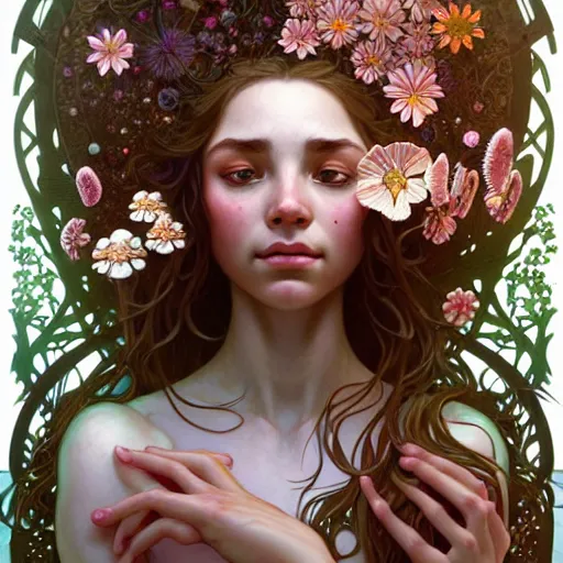 Prompt: Portrait of a girl surrounded by flowers and morphing into mushrooms, face, fantasy, intricate, elegant, highly detailed, digital painting, artstation, concept art, smooth, sharp focus, illustration, art by Fernanda Suarez and Artem Demura and alphonse mucha