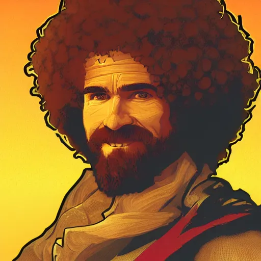 Image similar to an ultra detailed vector image of bob ross dressed as solaire of astora, concept art by alphonse mucha and greg rutkowski, bright red desert sands, bright yellow and red sun, octane render, praise the sun